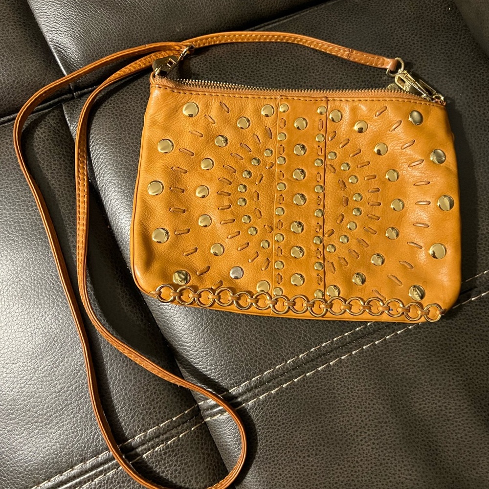 Rebecca Minkoff Bohemian Tan Studded Crossbody Leather Birds Print Lining
